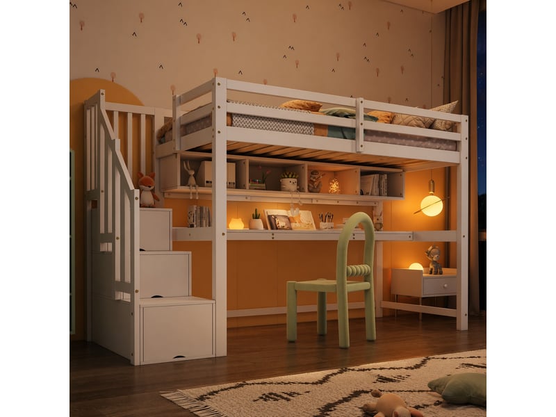  Lit mezzanine enfant avec escalier de rangement, bureau et étagères blanc 90 x 200 cm  - Conforama B