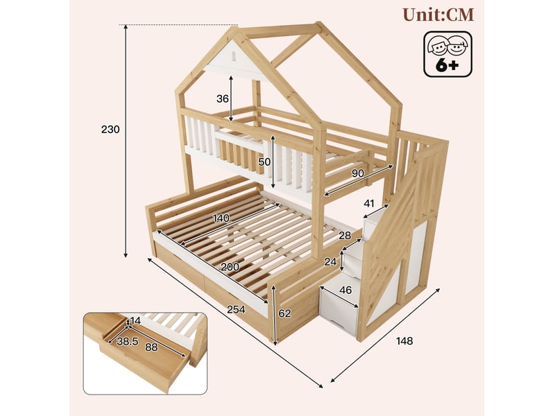  Lit superposé 90 × 200 cm et 140 × 200 cm 3 places, escalier, 2 tiroirs, sans matelas, en bois blanc et chêne  - Conforama D