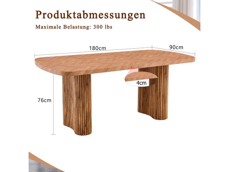  Table de salle à manger avec plateau de 4 cm et pieds en arche, style moderne, en mdf, 180×90 cm, finition noyer  - Conforama D