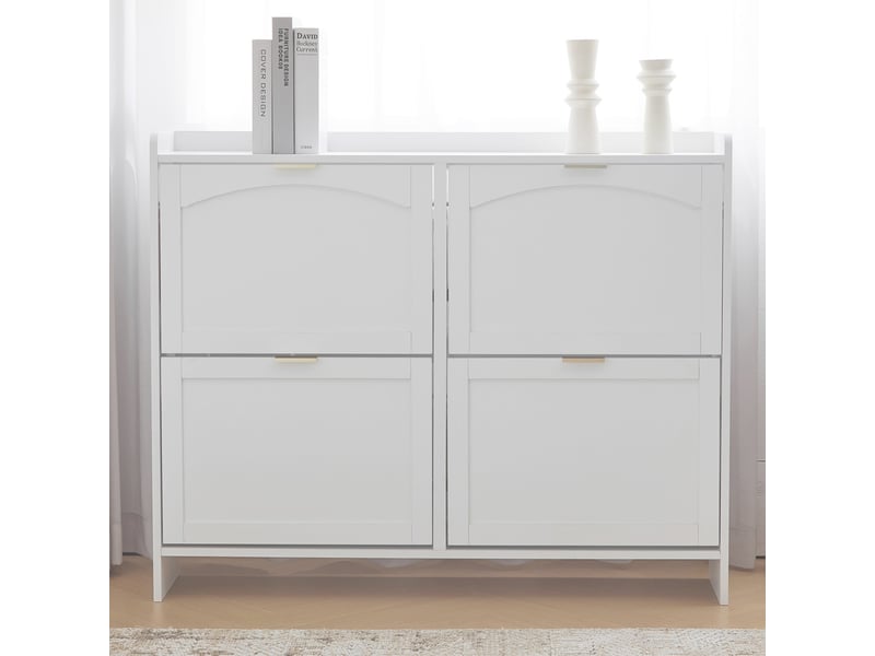  Meuble à chaussures design moderne blanc avec 4 compartiments abattants et étagère ouverte, meuble de rangement pratique pour entrée ou couloir - 110x24x90 cm  - Conforama D
