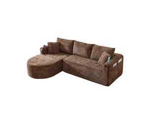 Canapé d'angle l 255 cm en lin - 3 places - porte-gobelet inox - poches latérales - sans montage - marron