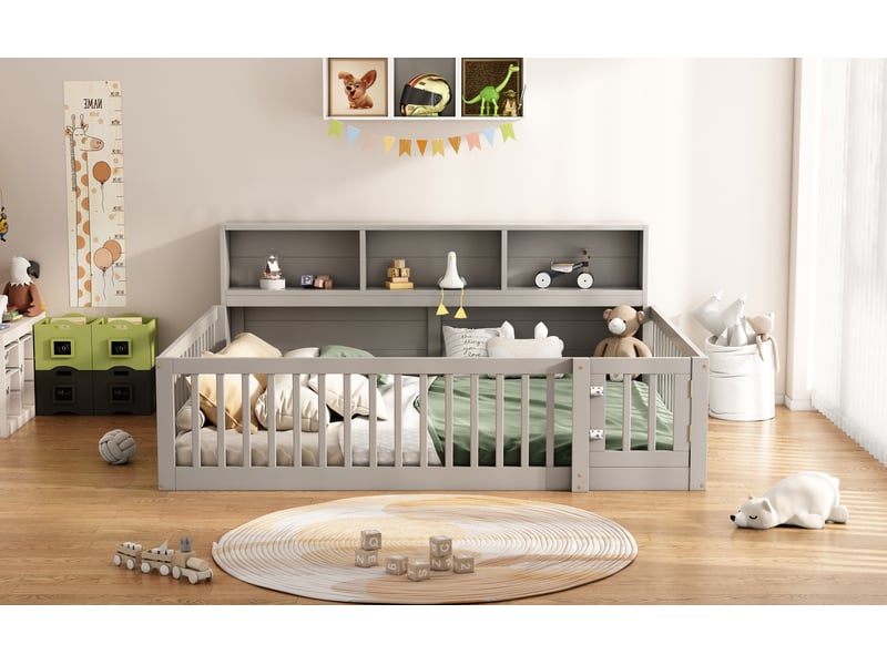 Lit banquette 140x200 cm gris pin avec sommier lattes rangement et barrière de sécurité Sol Morn - Conforama D