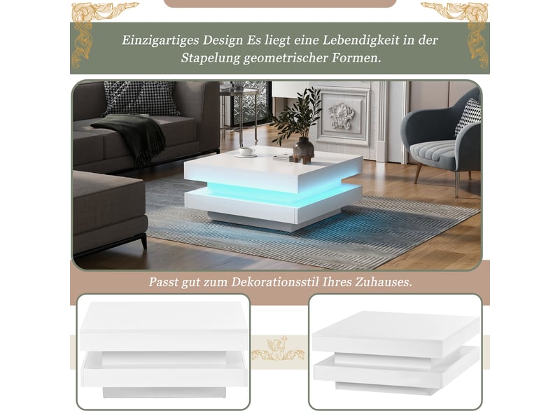 Table basse carrée blanche avec led bluetooth, 70x70x36 cm, panneaux de particules, blanc  - Conforama W