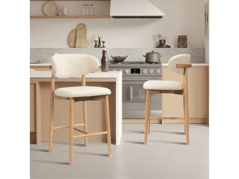  Tabouret en tissu bouclette beige pieds en chêne massif clair  - Conforama D