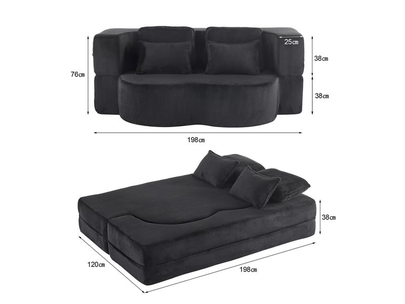  Canapé de sol convertible 2 places noir en velours avec 4 coussins - 198 x 60 x 76 cm  - Conforama E