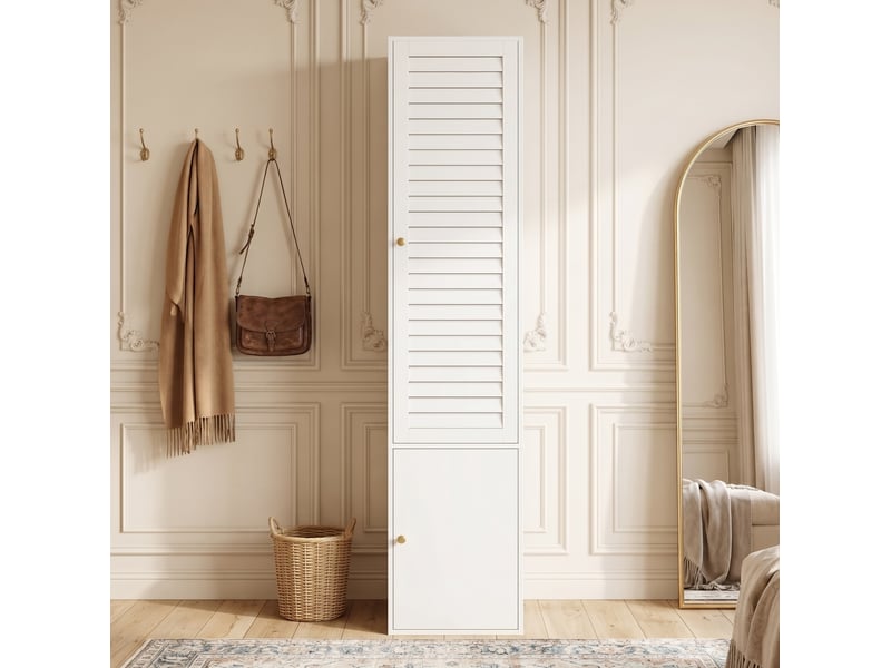  Haut buffet de rangement 45x50x200 cm avec porte persienne, panneau de particules blanc, meuble chambre et dressing  - Conforama B