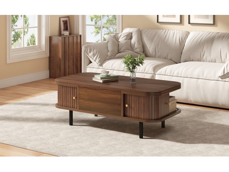  Table basse relevable avec rangement 101 x 51 x 52,5 cm, 2 portes à rideau, mdf finition noyer, pieds en métal noir  - Conforama D