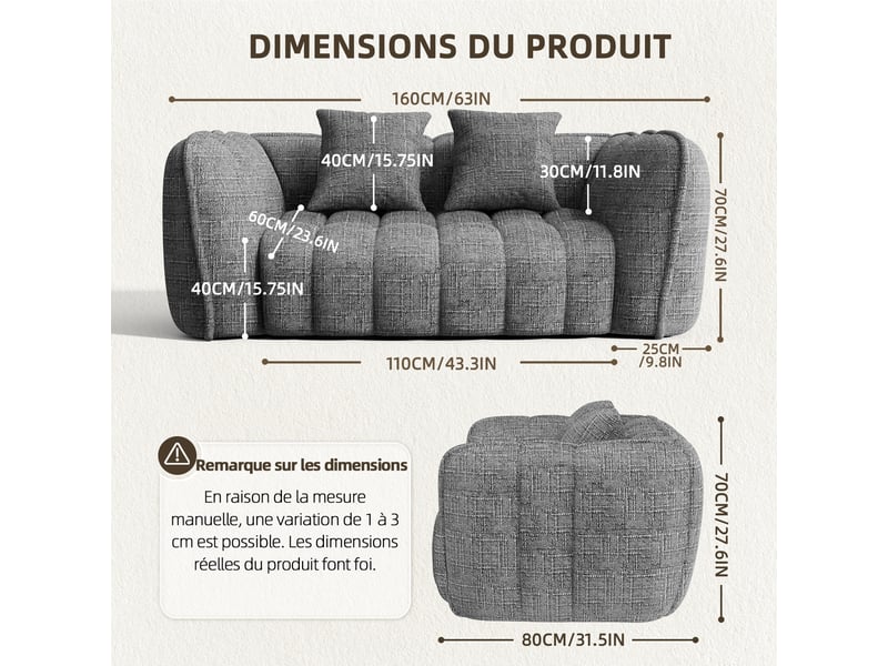  Lexzurn canapé droit compressé fixe,canapé droit fixe,avec coussin,conception ergonomique,profondeur d'assise accrue 60 cm,adapté à de nombreux contextes,base antidérapante  - Conforama B