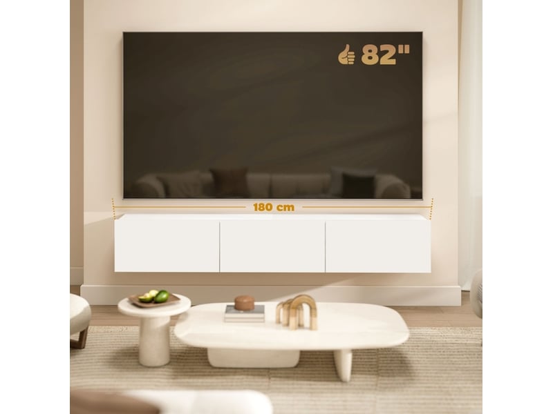  Meuble tv mural avec 3 compartiments abattants et fermeture douce, grand rangement moderne pour salon, en bois blanc  - Conforama C