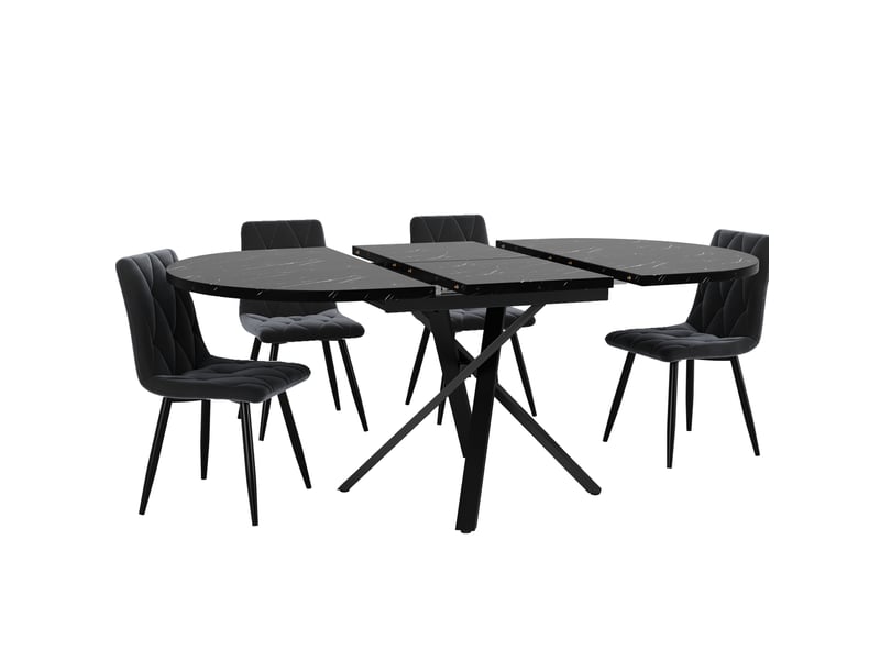  Ensemble table et 4 chaises, table ronde extensible 100-140 cm, chaise 44x41x86 cm en velours noir  - Conforama A