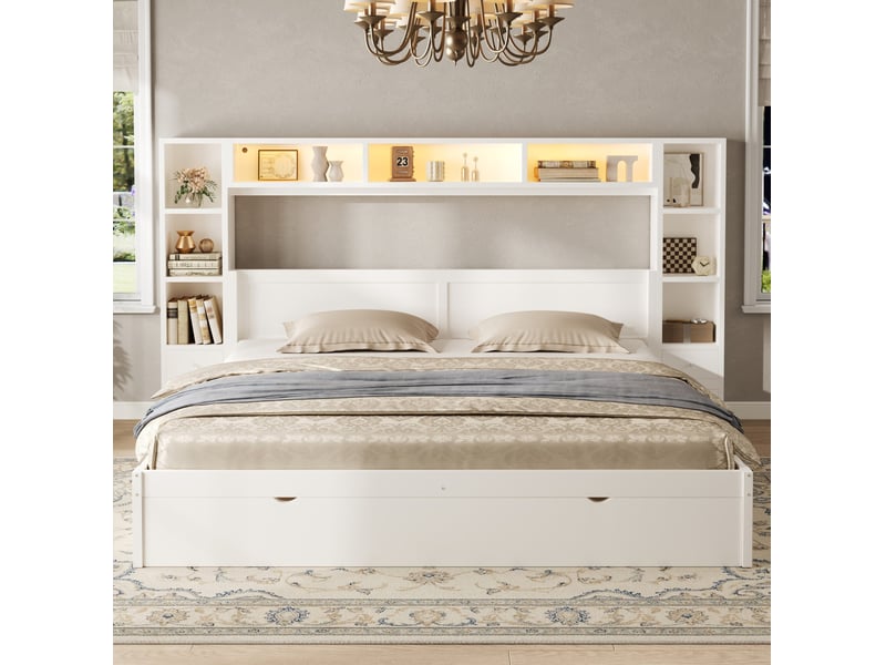  Cadre de lit plateforme 180x200 cm avec rangement, 7 tiroirs, éclairage led, mdf couleur blanc, sans matelas  - Conforama D
