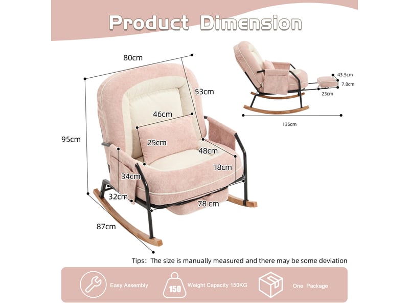  Fauteuil à bascule xxl avec repose-pieds, rocking-chair à dossier réglable, coussin rembourré, poche latérale, revêtement fausse fourrure, rose Seren Glow - Conforama C