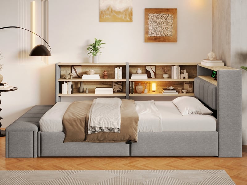  Canapé-lit, 90 x 200 cm, mécanisme hydraulique, élément de rangement latéral, avec bande lumineuse led, velours, gris  - Conforama B