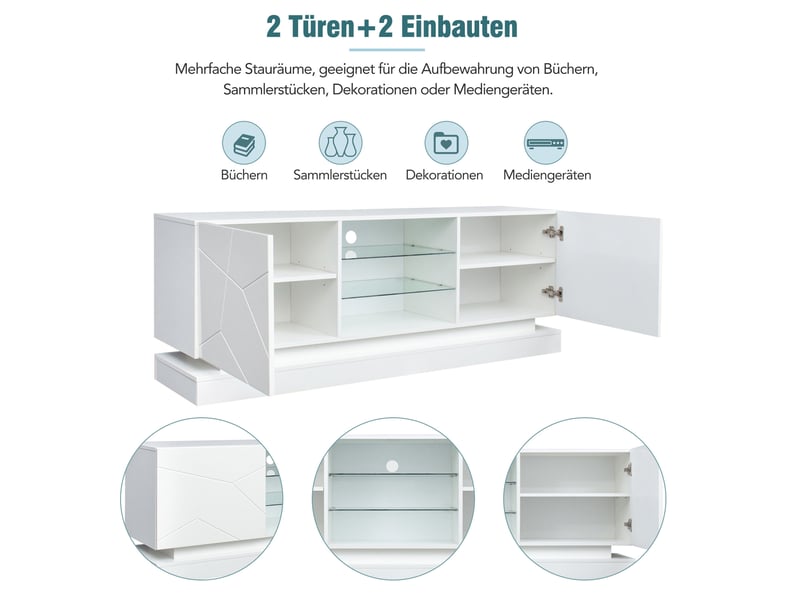  Meuble tv blanc mat 160 cm avec étagère verre réglable et charnières silencieuses  - Conforama D