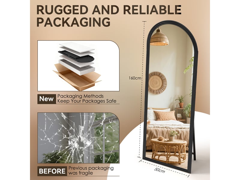  Miroir pleine longueur arqué noir 160 x 50 cm, cadre bois et pied métallique réglable  - Conforama C