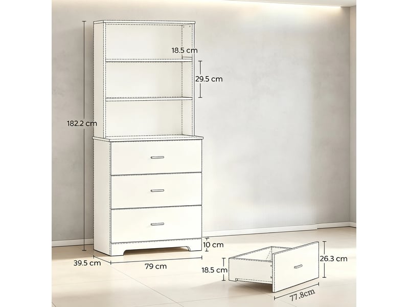  Bibliothèque blanche avec 3 tiroirs et 3 étagères ouvertes, rangement moderne pour le salon ou le bureau  - Conforama C