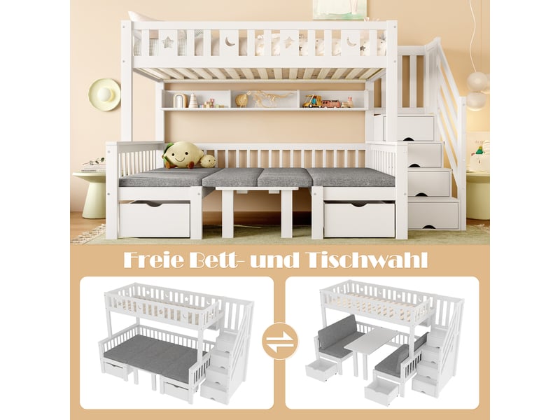  Lit mezzanine blanc 90×200 cm en pin, avec bureau convertible, escalier de rangement, décor étoiles et lune  - Conforama E