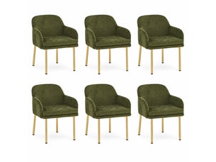 Lot de 6 chaises de salle à manger vertes avec accoudoirs, dossier ergonomique, pieds métal doré, patins réglables, charge 125 kg, modernes