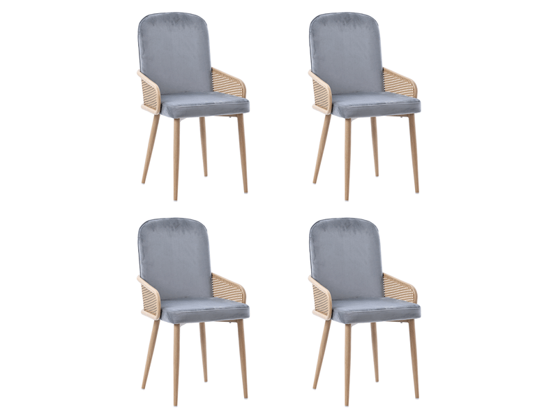  Lot de 4 chaises de salle à manger avec dossier effet rotin et pieds en métal décor bois, en velours gris  - Conforama A