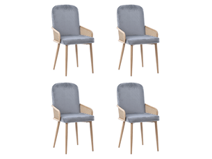 Lot de 4 chaises de salle à manger avec dossier effet rotin et pieds en métal décor bois, en velours gris