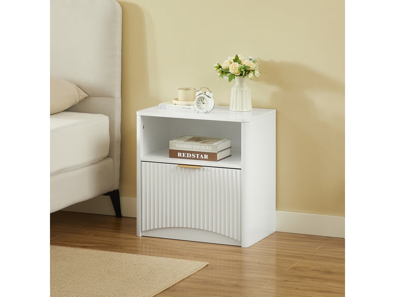  Table de chevet 58x38x60 cm, tiroir ouvert, chevet moderne, table d'appoint, meuble chambre et salon, aggloméré, blanc  - Conforama E