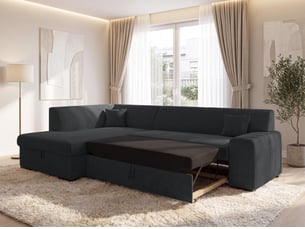 Canapé d'angle gauche convertible <strong>AX LIVING </strong> <strong>Lucera</strong> 5 places Velours côtelé noir avec coffre de rangement