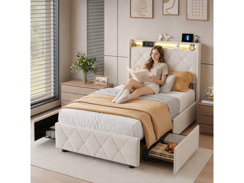  Lit simple rembourré 90x200 cm ,lit adulte avec led et 2 tiroirs ,ports usb ,tête de lit avec rangement ,velours ,beige  - Conforama D
