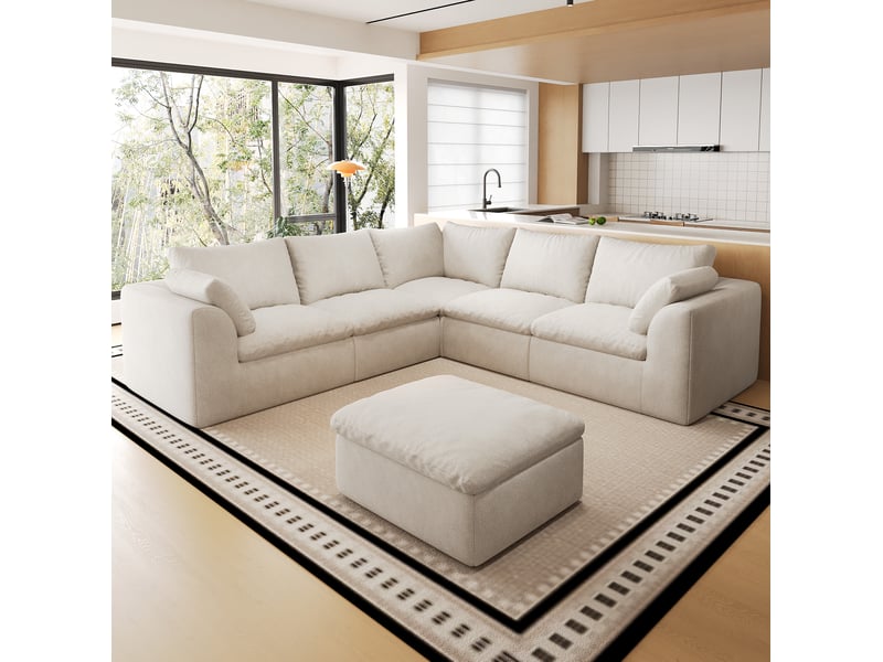  Canapé panoramique en v 6 places 245x245 cm en tissu beige blanc  - Conforama E