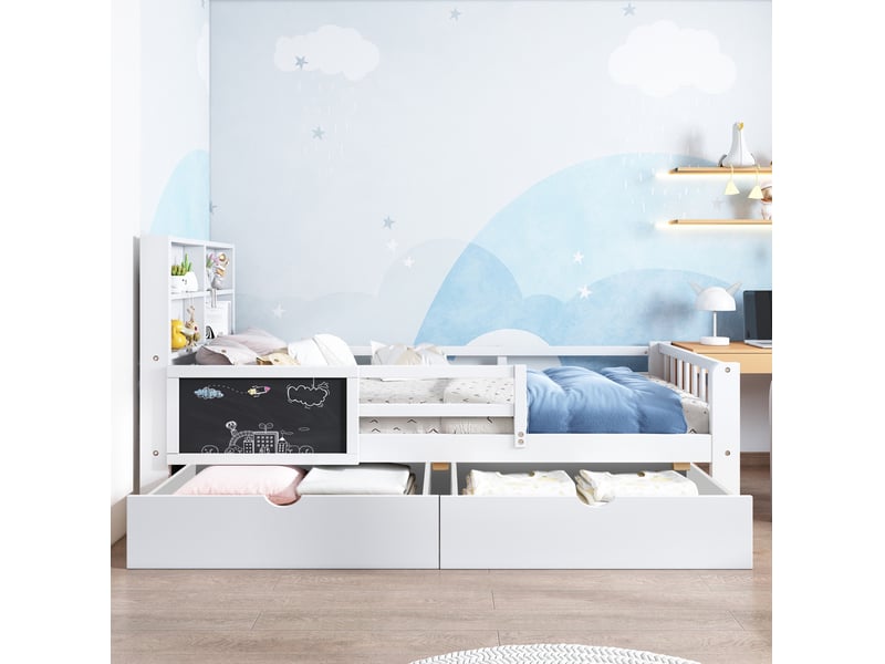  Modenvie lit enfant 90x200 cm - avec tiroirs de rangement et petite ardoise, sans matelas - blanc  - Conforama D