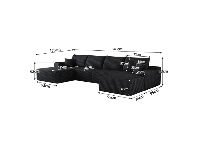 Canapé d'angle modulaire noir 340 cm – chaise longue en l, siège profond, sans montage – salon, chambre, appartement - Conforama C