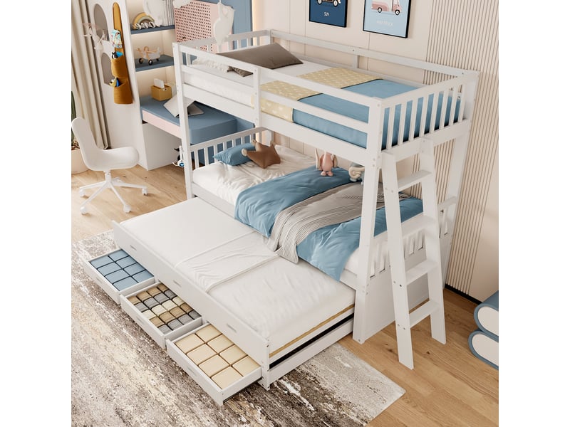 Lit superposé enfant 90x200 lit cabane blanc avec lit gigogne et 3 tiroirs, cadre en bois de pin massif, sécurité optimale. - Conforama D