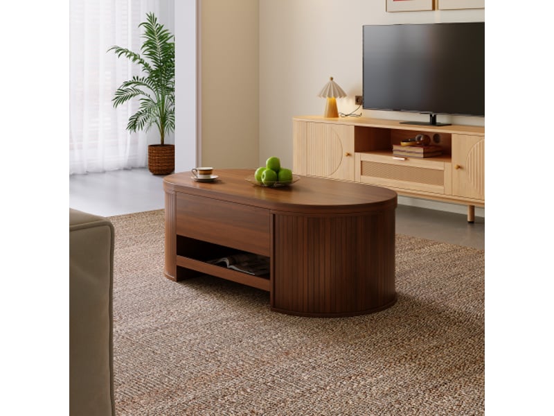  Table basse escamotable avec plateau levable, côtés en bois arrondis et étagère coulissante - meuble salon multifonction  - Conforama E