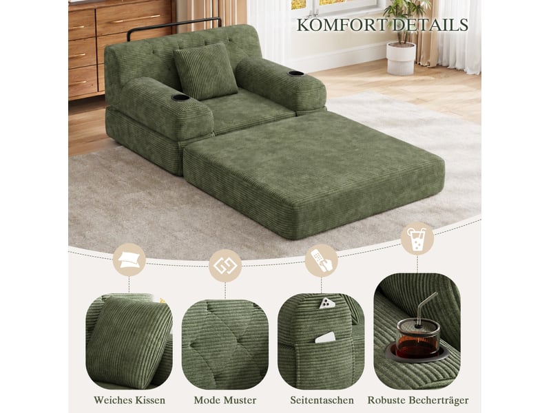  Fauteuil convertible 1 place en velours côtelé vert, 107x80x81 cm  - Conforama W