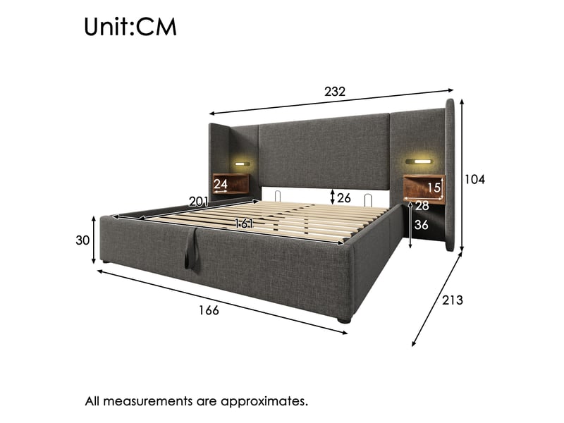 Lit rembourré 160x200 gris avec lampe de lecture, usb type-c et coffre de rangement - Conforama C