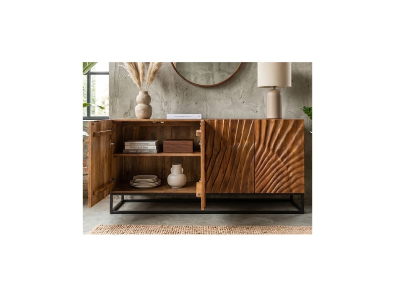 Buffet silva 177 cm en bois massif de manguier sculpté – 4 portes et piètement métal noir - Conforama D