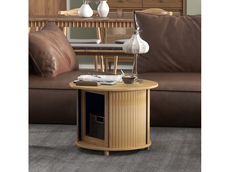 Table basse ronde moderne avec rangement dissimulé et porte coulissante en bambou naturel pour salon ø60 × 45 cm - Conforama D