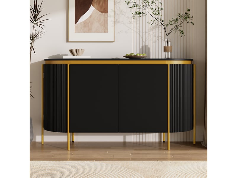  Buffet - 140x38x80cm - meuble enfilade ovale avec 4 portes cannelées, passe-câbles, 6 pieds métal doré - moderne noir  - Conforama C