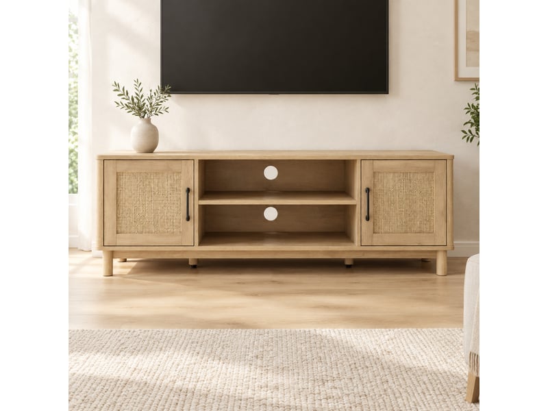  Meuble tv 135x39x45 cm avec 2 portes en rotin et passe-câbles, finition chêne  - Conforama D