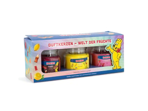 Lot de 3 bougies parfumées fruitées taille 9 x 6,5 cm ambiance chaleureuse et joyeuse finition en verre transparent 13_0017565