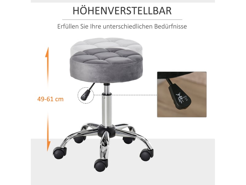  Tabouret de travail à roulettes 35x35x61 cm, réglable en hauteur et pivotant, base en métal chromé, couleur gris clair  - Conforama C
