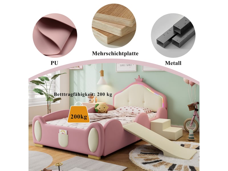  Lit enfant avec glissière et led, 90 x 200 cm, revêtement en pu rose  - Conforama E