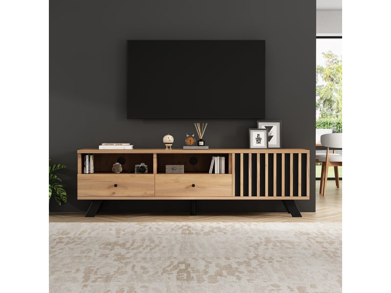  Ensemble meuble tv et buffet de rangement 5 niveaux avec tiroirs et placards - panneaux bois et noir  - Conforama B