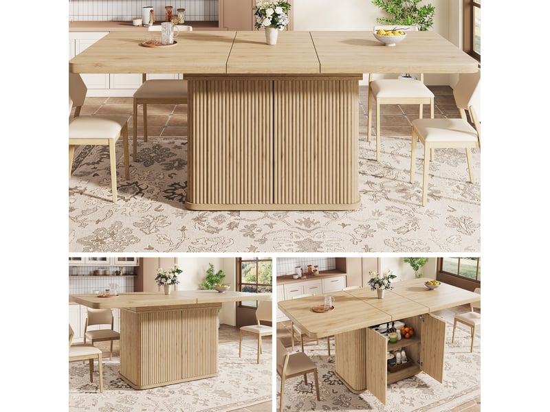 Table de salle à manger extensible avec rangement caché et plateau rabattable, décor bois clair 140 × 80 × 76,5 cm - Conforama E