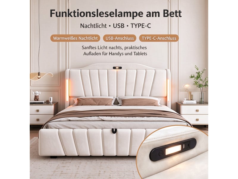  Lit coffre hydraulique 180x200 cm en velours beige avec tête de lit led, usb-c, veilleuse intégrée et rangement Morn Vibe - Conforama D