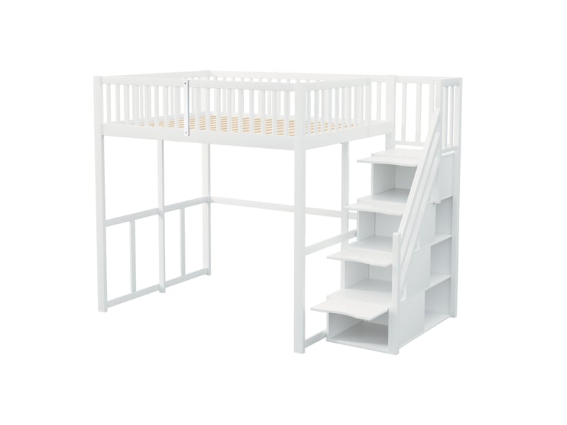  Lit mezzanine enfant 140 x 200 cm, escalier sécurisé avec rangement, barrières de protection, pour enfant ou adulte, pin massif, blanc evarich - Conforama D