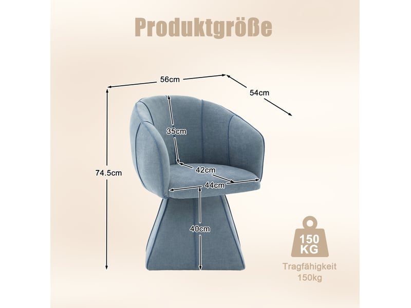  Fauteuil pivotant 56x54x74,5 cm, pour salon, bureau, avec dossier haut ergonomique et accoudoirs larges, bleu, chenille  - Conforama C