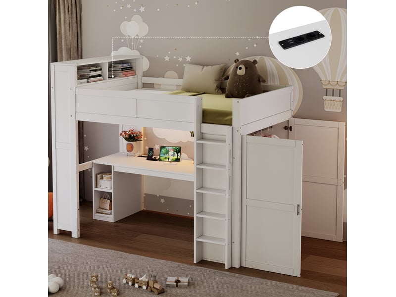  Lit mezzanine 90x200 avec bureau, rangements, armoire, port usb et éclairage led, mdf pin contreplaqué, blanc sans matelas  - Conforama E