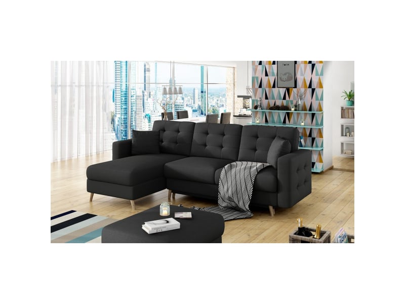  Canapé d'angle convertible hasgard 3 places noir 248x162 cm – coffre et pieds bois  - Conforama E