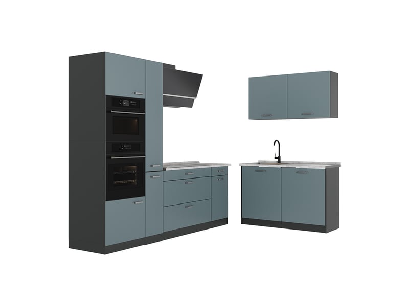 Vicco cuisine en angle, bleu-grisanthracite, 230 x 120 cm plan de travail marbre - Conforama A