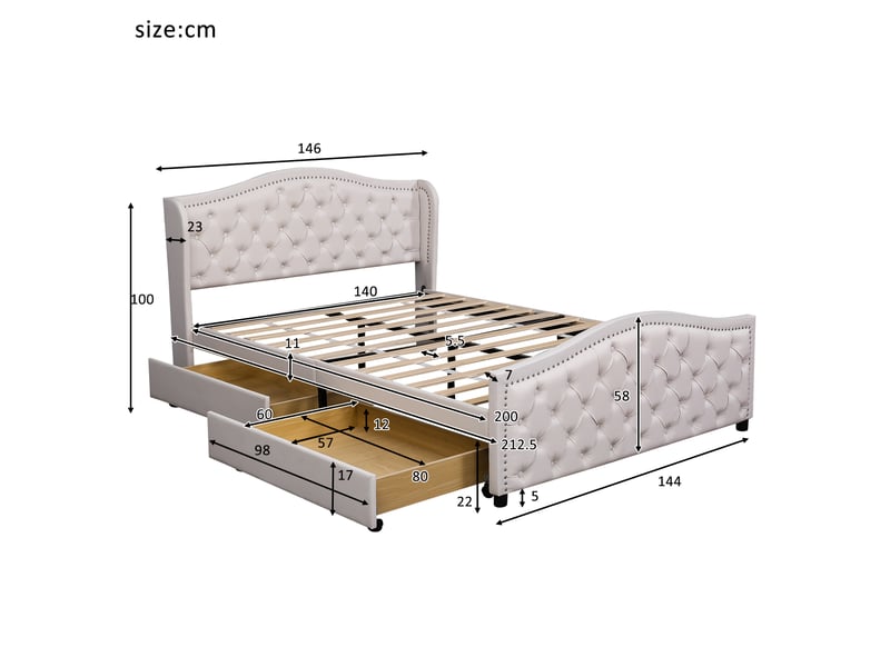  Lit double 140x200 cm avec 2 tiroirs - lit capitonné blanc avec sommier à lattes - simili cuir  - Conforama C
